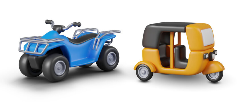Set of vehicles for sports and entertainment. Yellow three wheeled taxi, auto rickshaw, quad bike