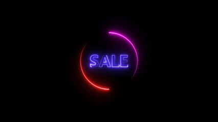 Abstract neon light sale text purple color illustration. Black background red circle 4k illustration.