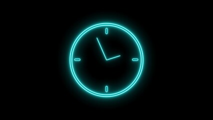 Clock icon neon light cyan color illustration. analogue style digital clock cyan circle neon. Black background. clock with 24 hours running time 4k illustration.