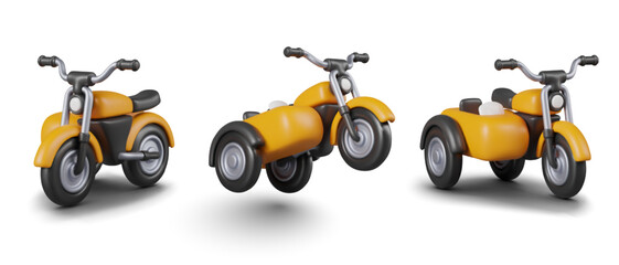Tricycle with sidecar in different positions. Realistic vintage vehicle