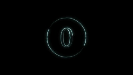 Abstract digital zero countdown circle cyan color illustration. Cyan Neon light zero number black background 4k illustration.	