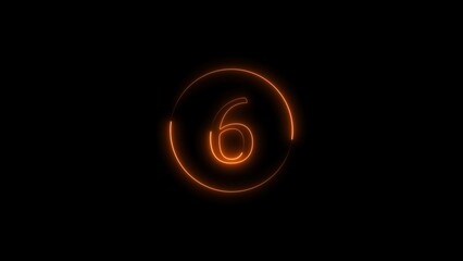 Abstract digital top six countdown circle orange color illustration. Orange circle Neon light 6 number black background 4k illustration.	