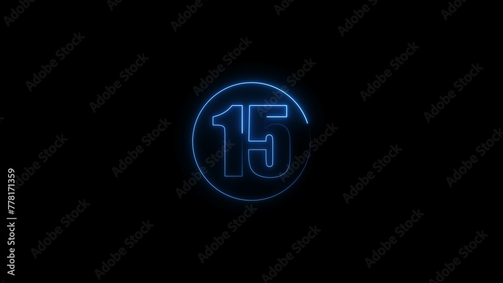 Wall mural abstract neon glowing countdown timer from 15 seconds royal blue illustration. black background roya