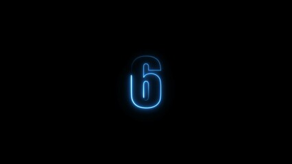 Abstract neon glowing countdown timer from 6 seconds royal blue illustration. Black background 4k illustration.