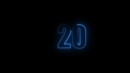Fototapeta premium Abstract neon glowing countdown timer from 20 seconds royal blue illustration. Black background 4k illustration.