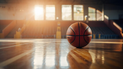 Naklejka premium Basketball ball lying on floor on sport arena, stadium with sun light coming into gym