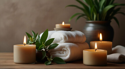 Spa still life with candles, towel and plants on grey background.generative.ai