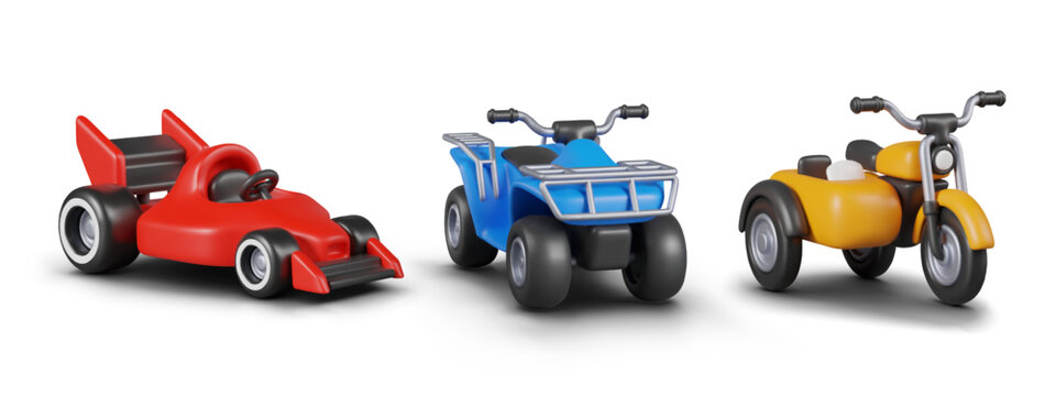 Set of toy land racing vehicles in 3D style. Red car, quad bike, tricycle with sidecar
