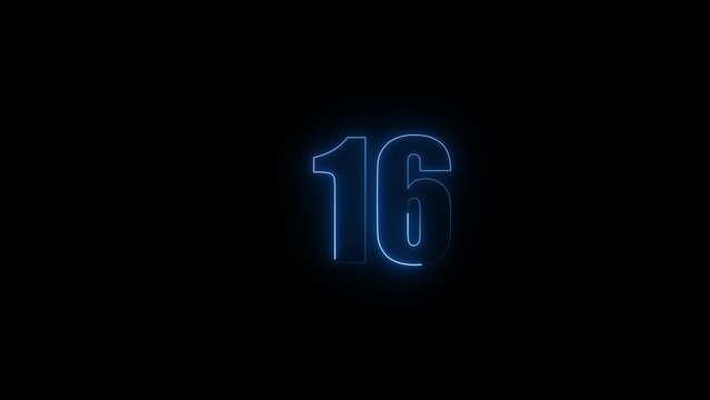 Abstract neon glowing countdown timer from 16 seconds royal blue illustration. Black background 4k illustration.