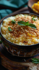 A bowl of creamy coconut mango rice pudding garnished with toasted coconut flakes