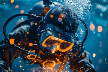 Close-up of a commercial diver fully equipped with an underwater helmet and suit, surrounded by bubbles and illuminated particles in the ocean.
 - obrazy, fototapety, plakaty