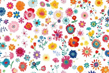 Vibrant colorful floral arrangement on white background with central blue flower, creating a beautiful pattern
