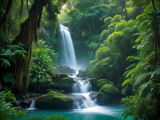 Fototapeta premium waterfall in the forest with greenery scenes 