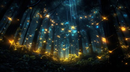 Glowing fireflies in a magical forest