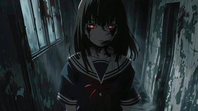 Horror manga anime girl in a school uniform, creepy deserted school, haunted, loop, 3d, animation