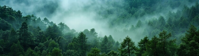 A beautiful, condensed mist clinging to the branches of a forest - obrazy, fototapety, plakaty