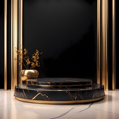 Gold and black marble podium for product display, Ai Generated