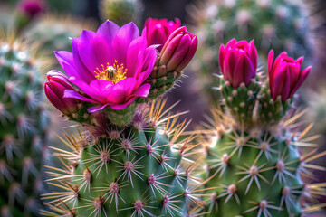 A close-up of a cactus plant with vibrant pink flowers blooming against its prickly green stems