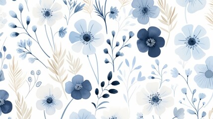 Delicate blue and white floral pattern on a pristine white backdrop