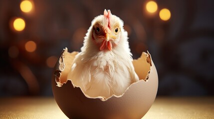 Little chicken in eggshell on bokeh background. Easter concept - obrazy, fototapety, plakaty