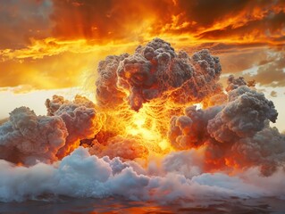 A surreal depiction of evaporating clouds against a fiery sunset sky