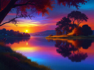 evening seenary on river  with vibrant colors