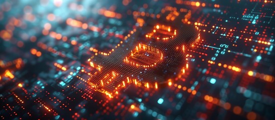 Bitcoin BTC cryptocurrency in digital Blockchain background.