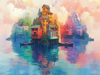 Floating Houses cruise over Pastel Rainbow Rivers - obrazy, fototapety, plakaty