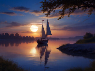 evening seenary on river  with vibrant colors