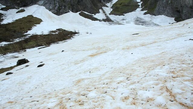 Snow melting in spring. Artiga de Lin, in the Aran Valley, located in the Catalan Pyrenees in Spain.