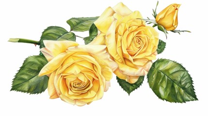 Beautiful watercolor painting of vibrant yellow roses on a clean white background, perfect for design projects and decor