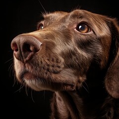 Studio portrait of a chocolate labrador retriever dog on black background