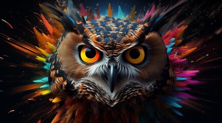 vibrant splendor of an owl brought to life through a stunning paint splash technique against a colorful backdrop, capturing the essence of artistic beauty and wildlife. - obrazy, fototapety, plakaty