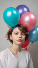 Fototapeta na wymiar Birthday Celebration: Girl with Colorful Balloons Spreading Joy