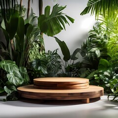 Wooden podium in tropical forest room for product presentation, Ai Generated