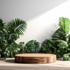 Fototapeta premium Wooden podium in tropical forest room for product presentation, Ai Generated