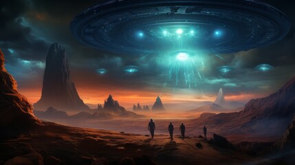 Sci fi digital art showcasing space exploration and alien encounters - obrazy, fototapety, plakaty