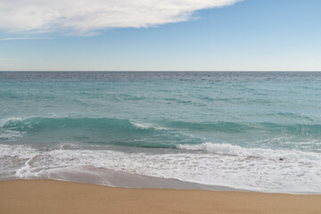 Empty sand beach on Mediterranean sea with horizon line vacation background - 778173990