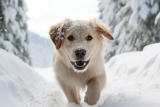 Beautiful golden retriever puppy dog in the snow in winter forest.