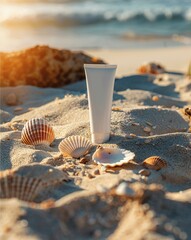 A mockup of an organic, white beauty sunscreen tube lying on the sand with three seashells scattered around it and a sunlit shadow in the background - obrazy, fototapety, plakaty