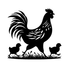 minimalist A hen with her chick leading her chicks across the yard vector black color silhouette, Black color silhouette-11