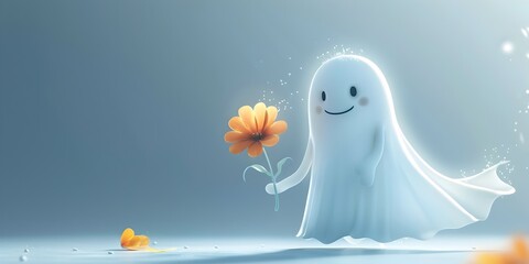Friendly Ghost Character Offering Spectral Flower on Isolated White Background with Copy Space