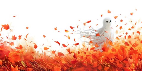 Ghostly Figure Weaving Through Autumn Leaves on White Background with Whisper of Wind and Copy Space
