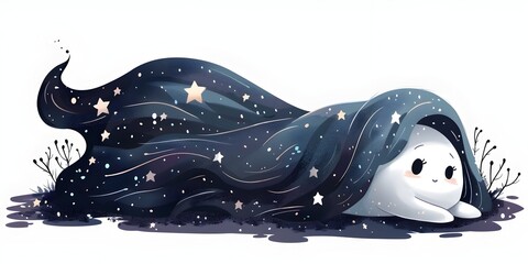 Sleeping Ghost Character Dreaming of the Mystical Afterlife Under a Starry Blanket on an Isolated White Background - obrazy, fototapety, plakaty