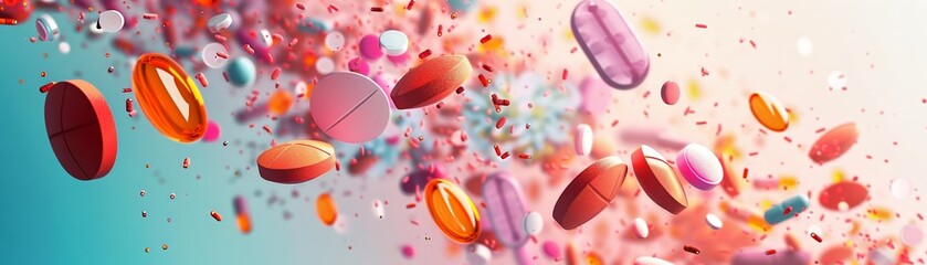 A creative composition highlighting the benefits of various medications, with room for promotional text - obrazy, fototapety, plakaty