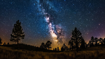 Panoramic view of the night starry sky with the Milky Way. Mountain tourism, camping. Generative AI