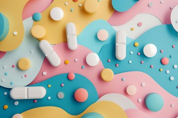 An abstract composition incorporating Naproxen, Pseudoephedrine, and ample copy space for advertising, creating a visually stimulating and informative piece for marketing campaigns - obrazy, fototapety, plakaty
