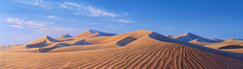 Fototapeta na wymiar The tranquil beauty of wind sculpted sand dunes under a pristine blue sky The rhythmic patterns formed by the ridges of the dunes create a mesmerizing visual experience