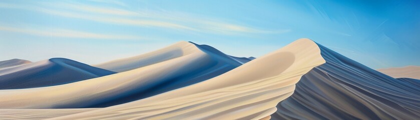 The tranquil beauty of wind sculpted sand dunes under a pristine blue sky The rhythmic patterns formed by the ridges of the dunes create a mesmerizing visual experience