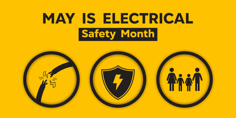 National Electrical Safety Month. Cable, shield and people. Great for cards, banners, posters, social media and more. Yellow background. 
